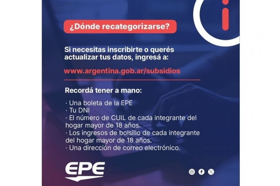 La EPE informa que está vigente el Plan de recategorización de usuarios residenciales de energía eléctrica